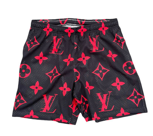 Black and red monogram mesh shorts